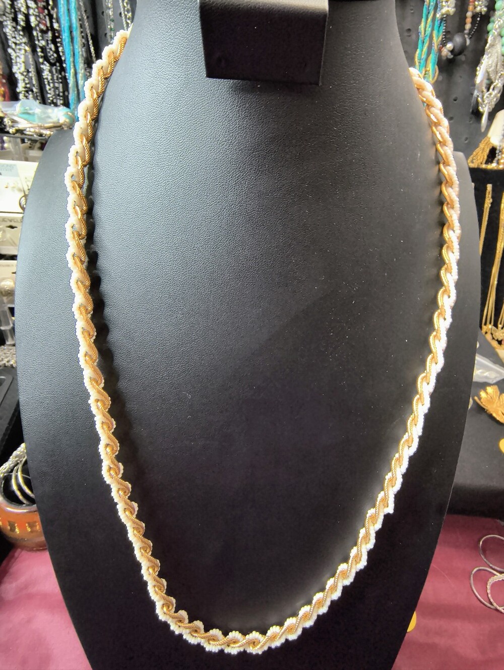 Vintage Trifari Gold Tone White Seed Bead Rope Necklace 26 Opera Length Signed - Picture 9 of 13